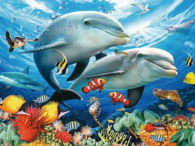 Алмазная мозаика 15х20 ДЕЛЬФИНЫ В МОРЕ (7 цветов)