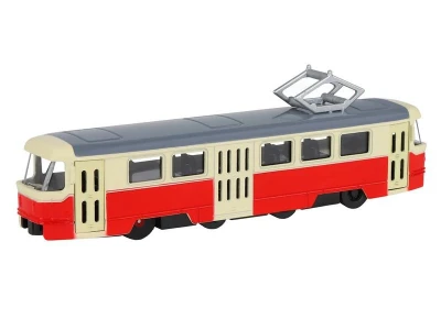 Трамвай "Автопанорама", красный, 1/90, свет, звук, инерция, в/к 22*13,5*5,8 см