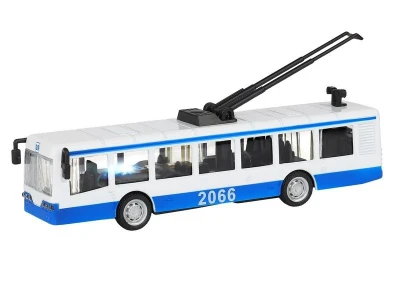 Троллейбус "Автопанорама", синий, 1/90, свет, звук, инерция, в/к 22*13,5*5,8 см